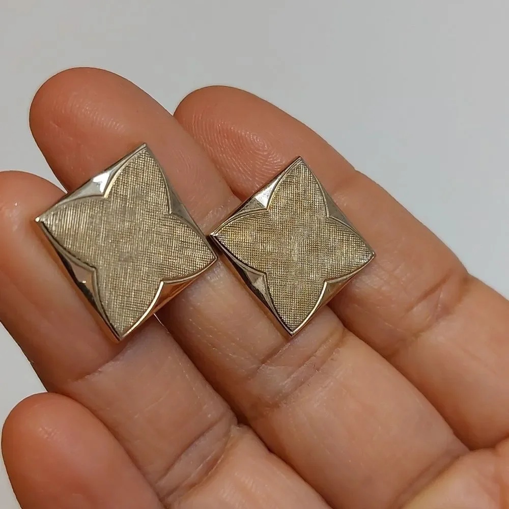 Vintage Shields Textured Clover Square Cufflinks Two Tone Gold